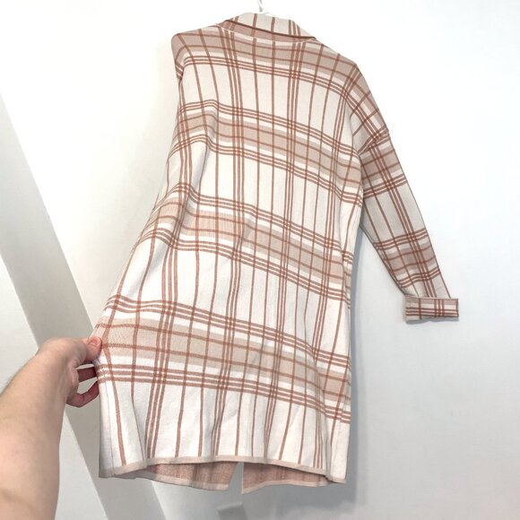 NINE WEST Plaid Sweater Coatigan White ish Cream Beige Tan Long Sweater Blazer L - Picture 14 of 16